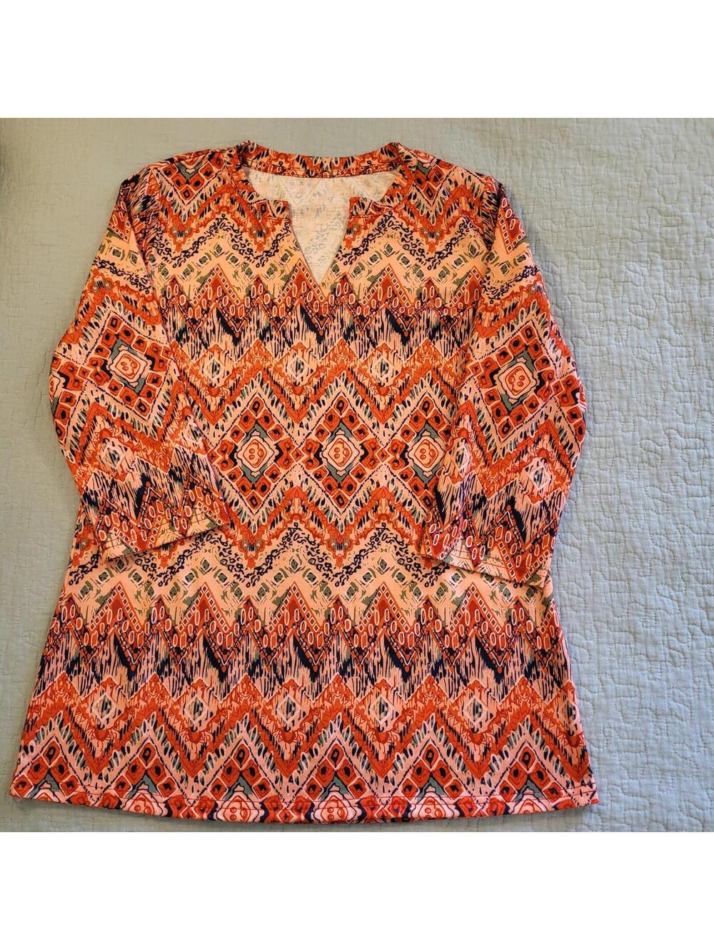 Lomon women's Medium 3/4 sleeve tunic top vibrant orange blue cream geometric M